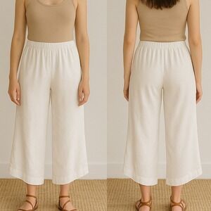 KIYO 100% Linen Gaucho Pants Cropped Wide Leg Elastic Waist White XL Made In USA